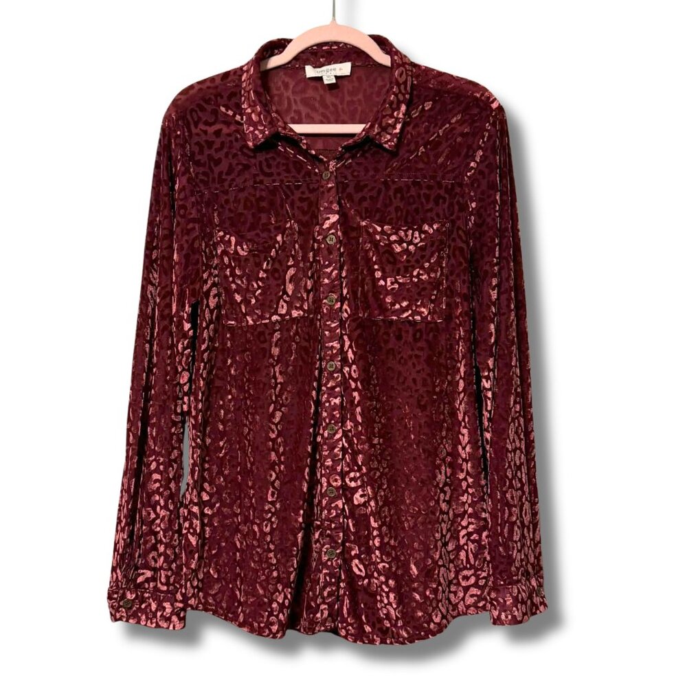 Umgee Burgundy Velvet Burnout Animal Print Button-Up Blouse - Size 1XL